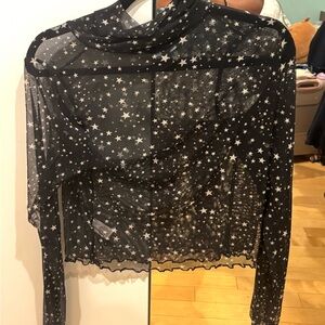 Sheer Star-Print Long Sleeve Mesh Top - Black